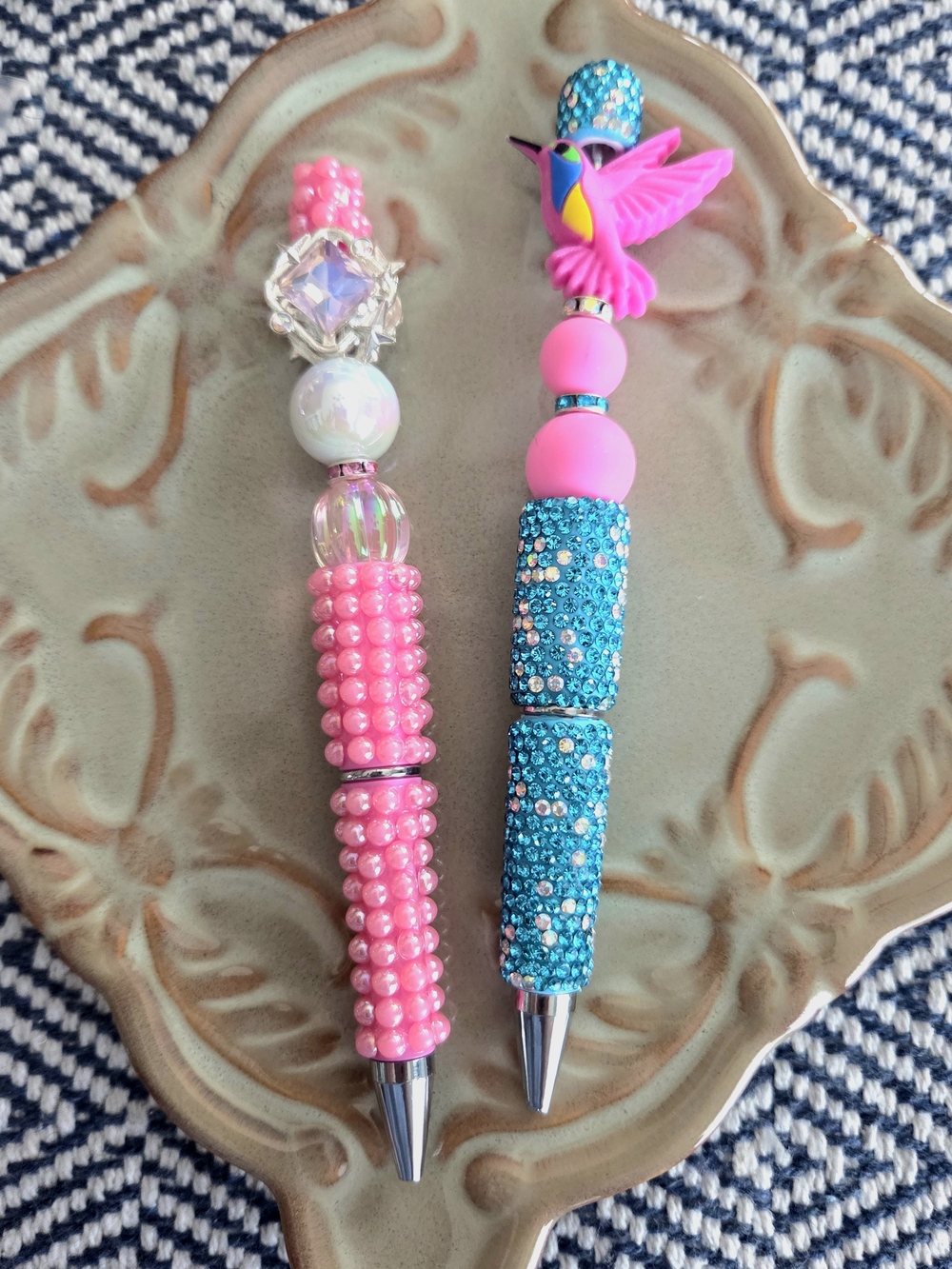 Pink and Blue Beaded Decorative Pens - Cute Hummingbird Accent